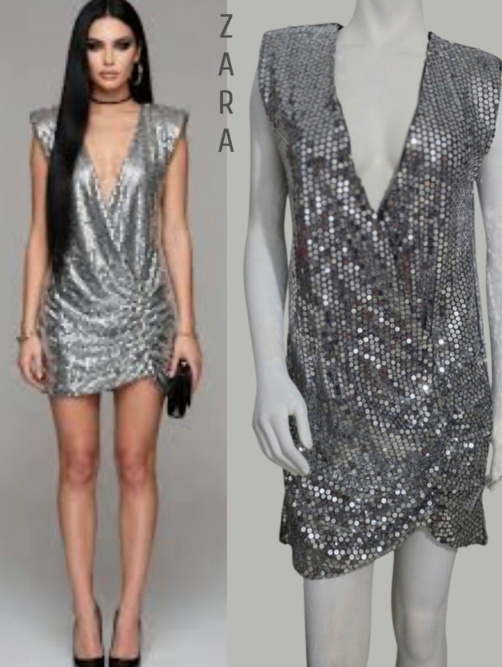 Zara Metallic Silver Sequin Wrap-Style Mini Dress Size M NWT